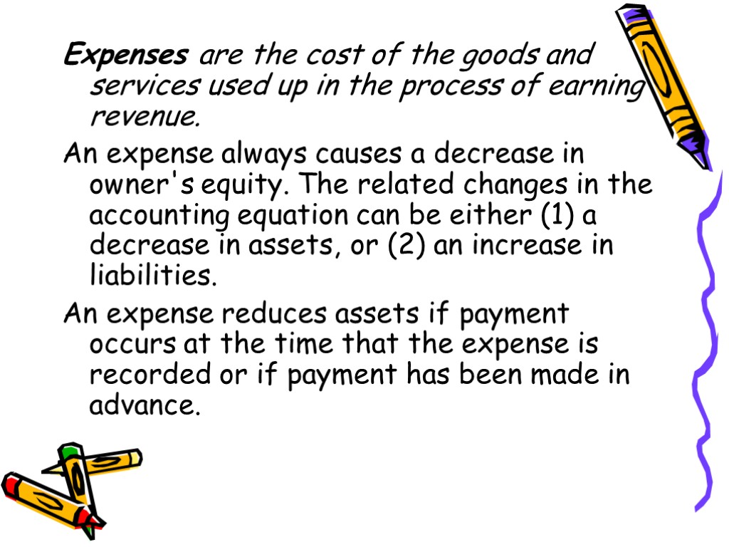 Expenses are the cost of the goods and services used up in the process